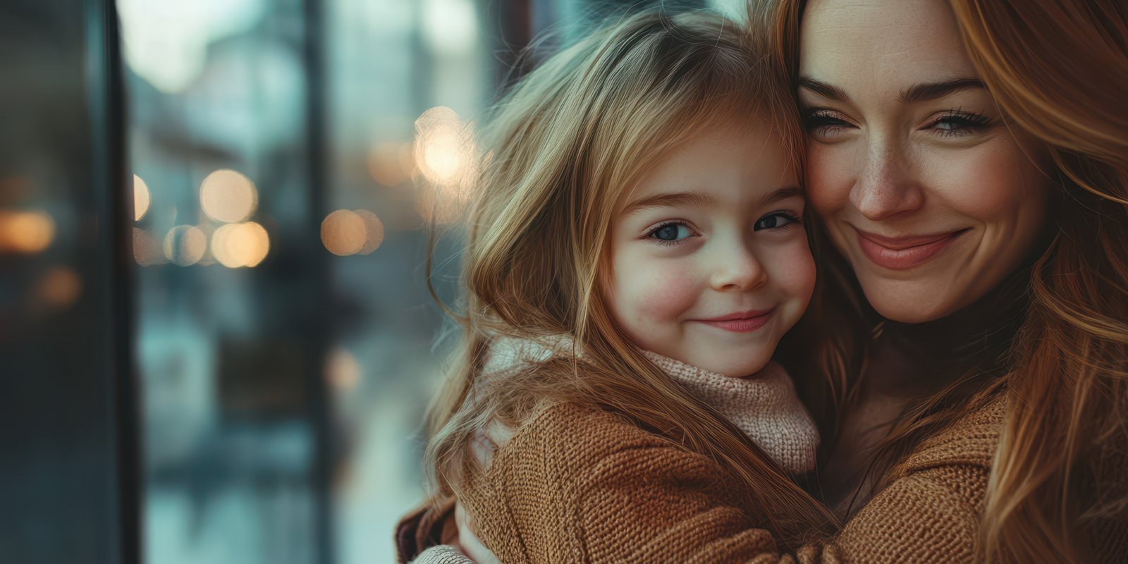 Mother and daughter share a joyful moment in a cozy setting during the golden hour